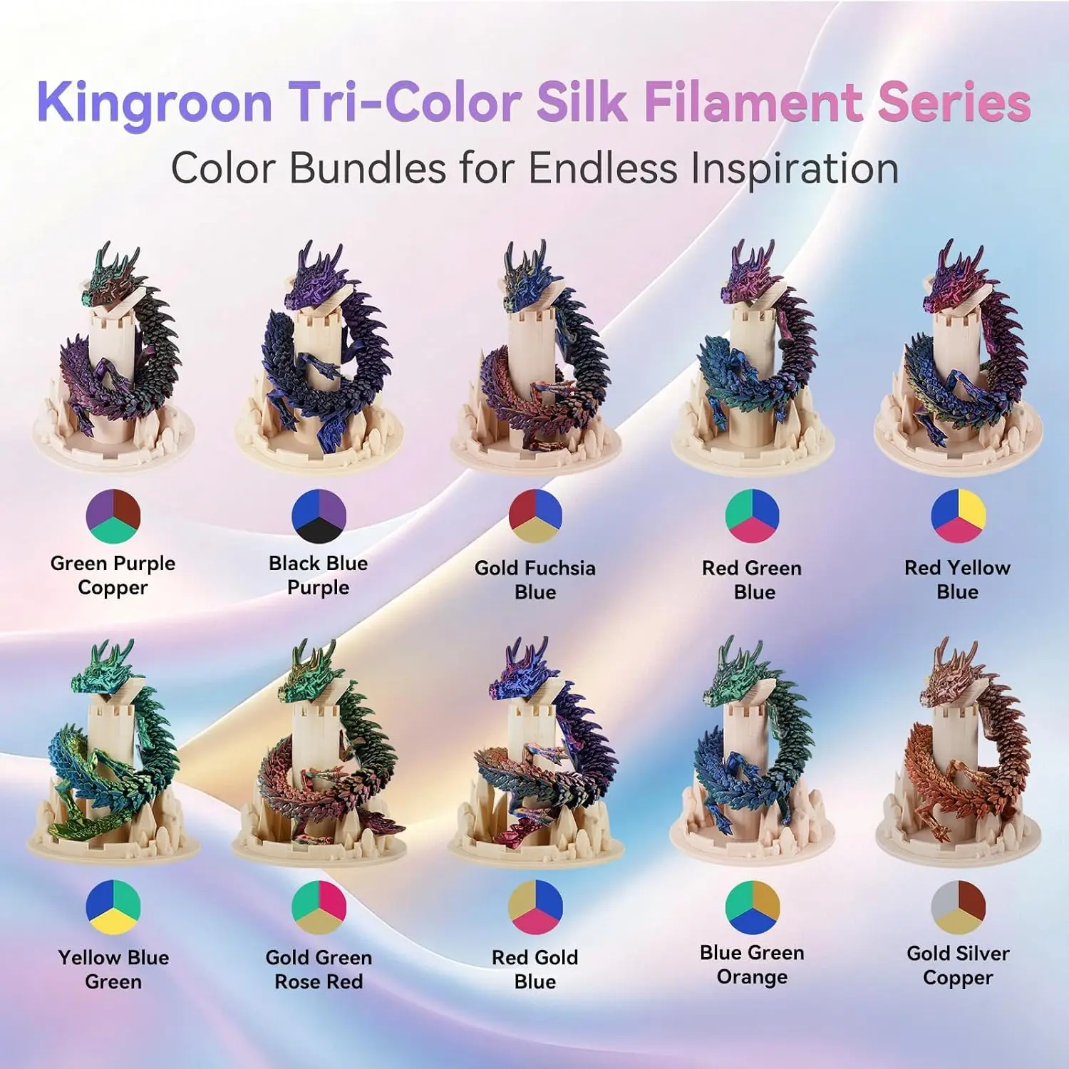 ^For PLA Filament, Multicolor Silk PLA Filament, Tri Color 3D Printer Filament, 1.75 mm, Dimensional Accuracy +/- 0.03 mm, 10kg