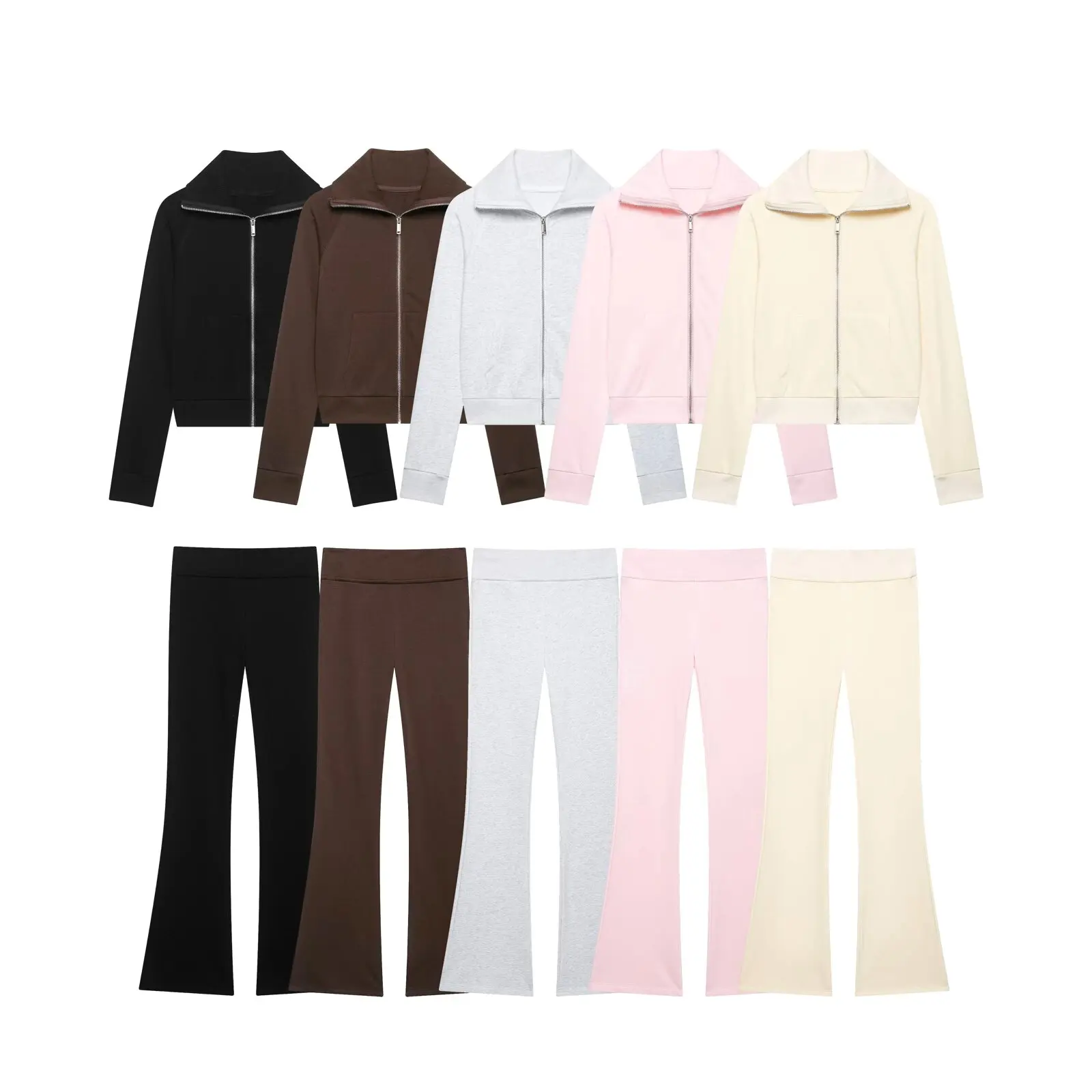 2026 New Autumn Women's Chic Zipper Sport Short Jacket Coats Female Lady Slim High Waist Flared Pants 2 Pcs Sets Trousers Suits