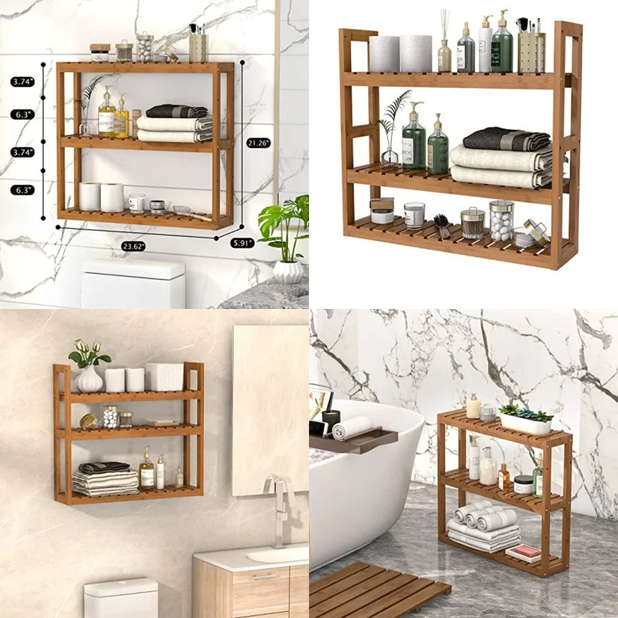 

Bathroom Shelf 3-Tier Wall Mount Storage Rack Multifunctional Adjustable Layer Free Standing Over Toilet Utility Shelves Living