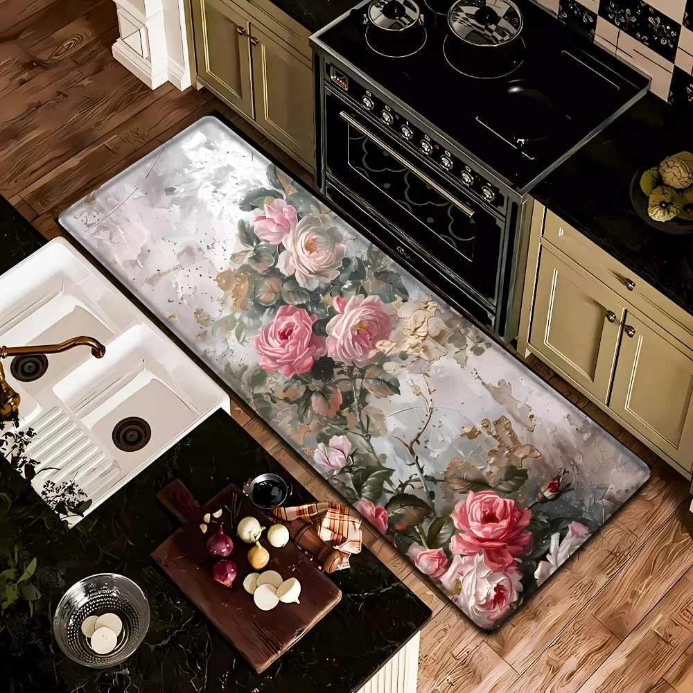 Romantic Rose Strip Carpet Spring Plant and Flower Long Anti Slip Carpet Farmhouse Kitchen Living Room Dining Room Rug