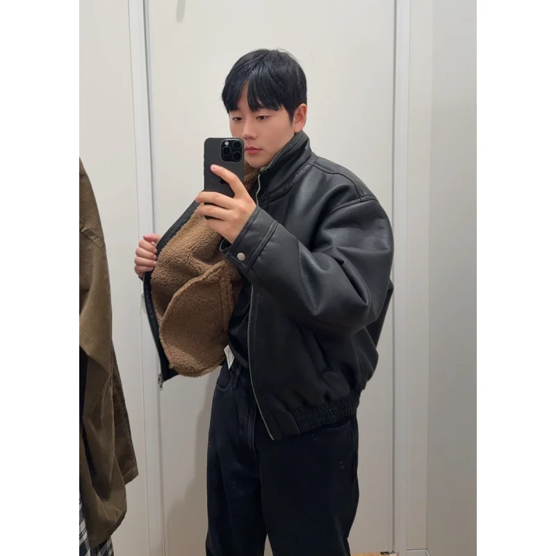 

American Sle Thiened Leather Fur Jaet Men's Autumn Winter Loose Warm Lamb Fur Motorcycle Jaet PU Leather Coat