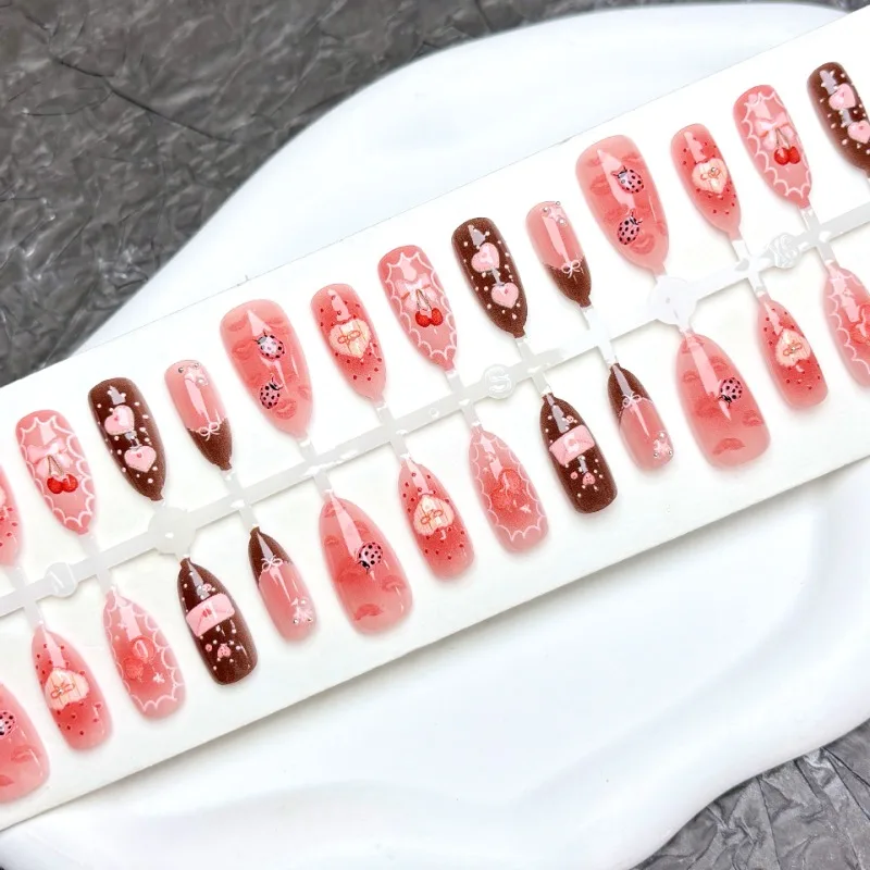 24 قطعة رسالة حلوة اضغط على الأظافر لطيف الكرز Bowknots الخنفساء الفراولة ديكور الأظافر كاذبة أحمر الخدود الوردي اللوز وهمية مسمار XS/S/M #6
