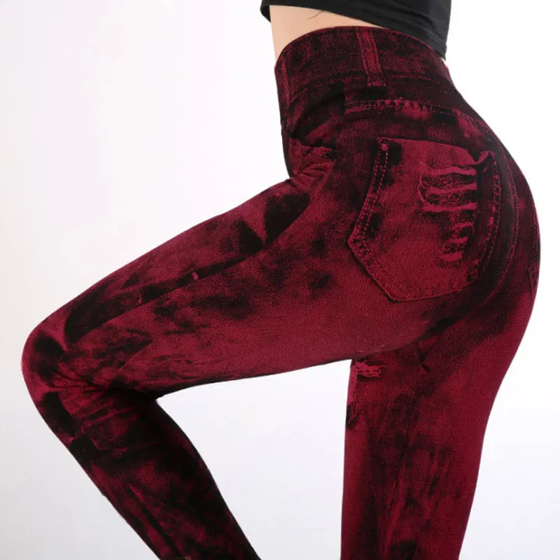 2022 Women Gym Leggings Faux Denim Leggings High Elastic Fake Ripped Jeans Print Leggings Female High Waist Casual Pencil Pants