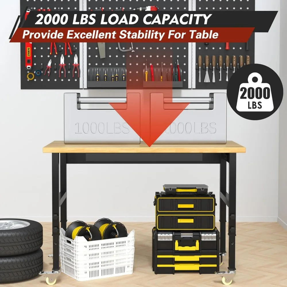 منضدة عمل شديدة التحمل قابلة للتعديل مع أدراج، ومنضدة عمل خشبية متدحرجة تتميز بمنافذ طاقة وسعة تحميل 2000 رطل للداخل