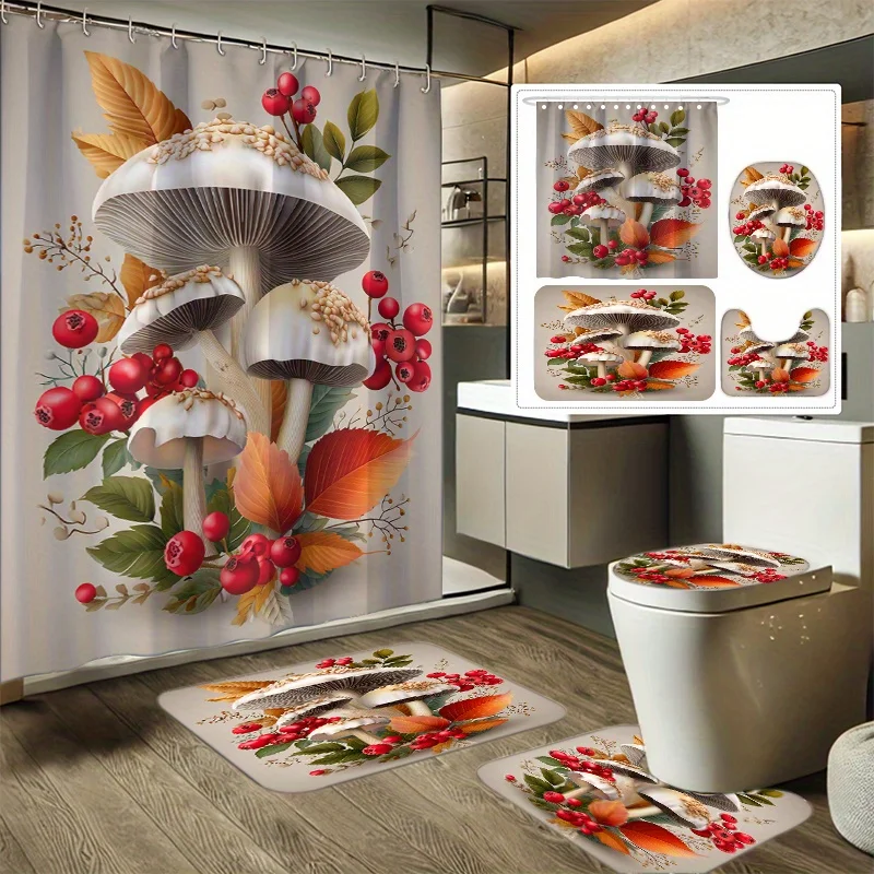 

4pcs Autumn Rhyme Fungus Fruit Picture Printed Shower Curtain Set, Decorative Bathroom Set Includes Shower Curtain, Non-Slip