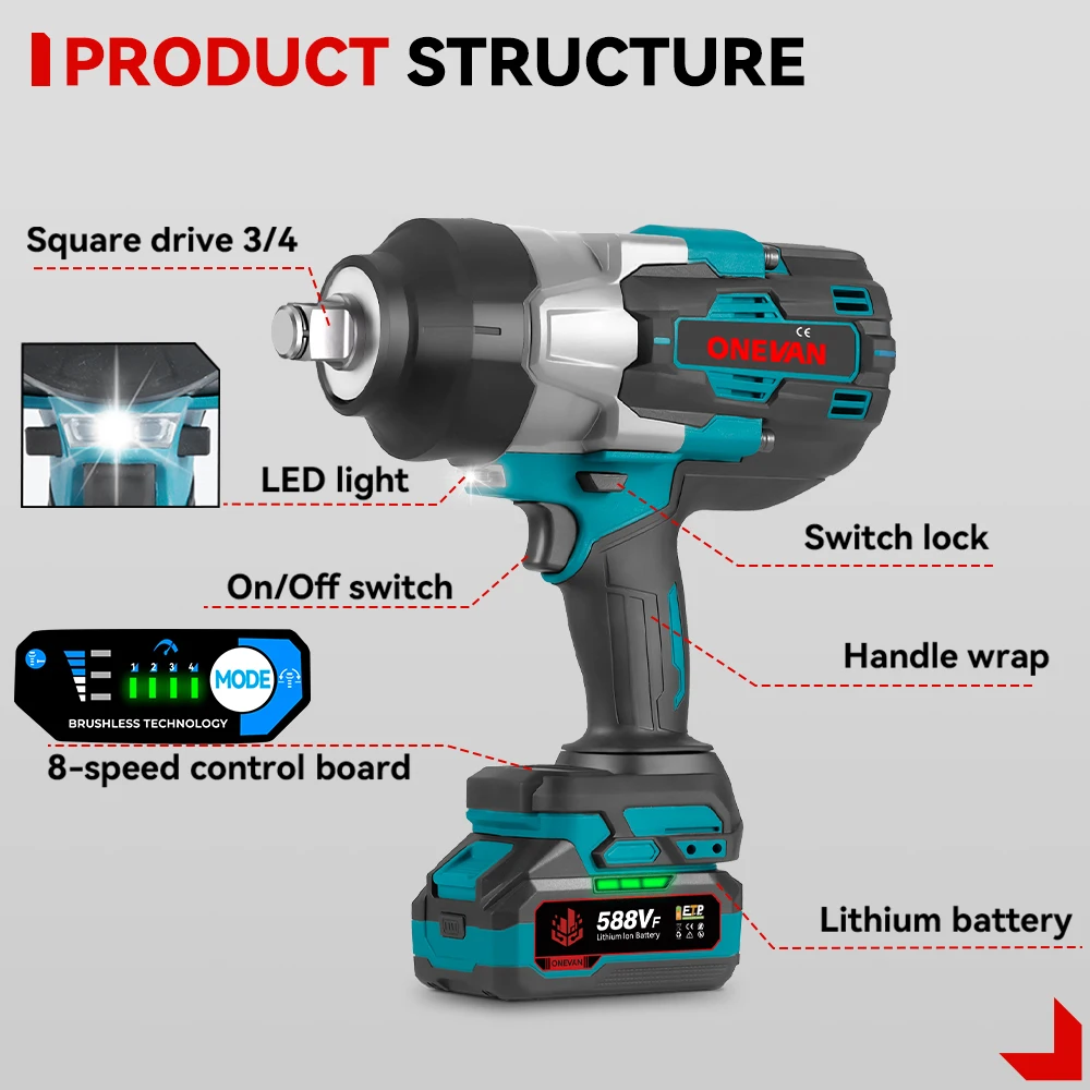 1000W Electric Impact Wrench Cordless Brushless 3/4  2200 N.m Torque Power Wrench with Battery Pack-HDF