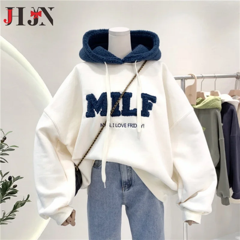 Moda retalhos oversize moletom feminino inverno casual solto algodão grosso carta manga longa hoodies feminino streetwear