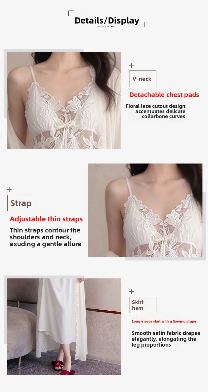 Conjunto de dos piezas de camisón de seda helada con encaje y almohadillas en el pecho para parejas, ropa de dormir de primav...