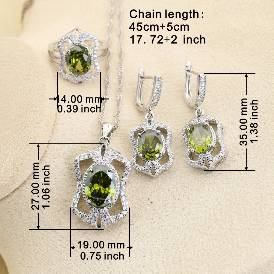 Dubai 925 Silver Jewelry Sets Olive Green Stone For Women Earrings Rings Bracelet Necklace Set Dropshipping Mother Day Gift