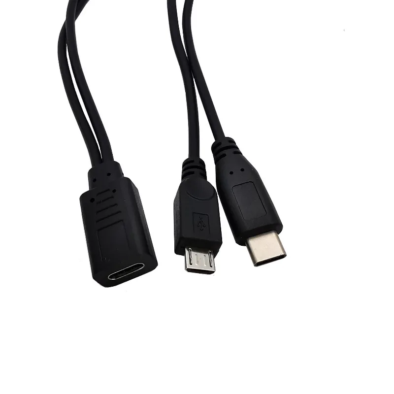 USB 3.1 Type-C Female 1 to 2 Type-C Male Micro USB 5P to 2 Male Y Splitter Charging Extension Cable 30cm