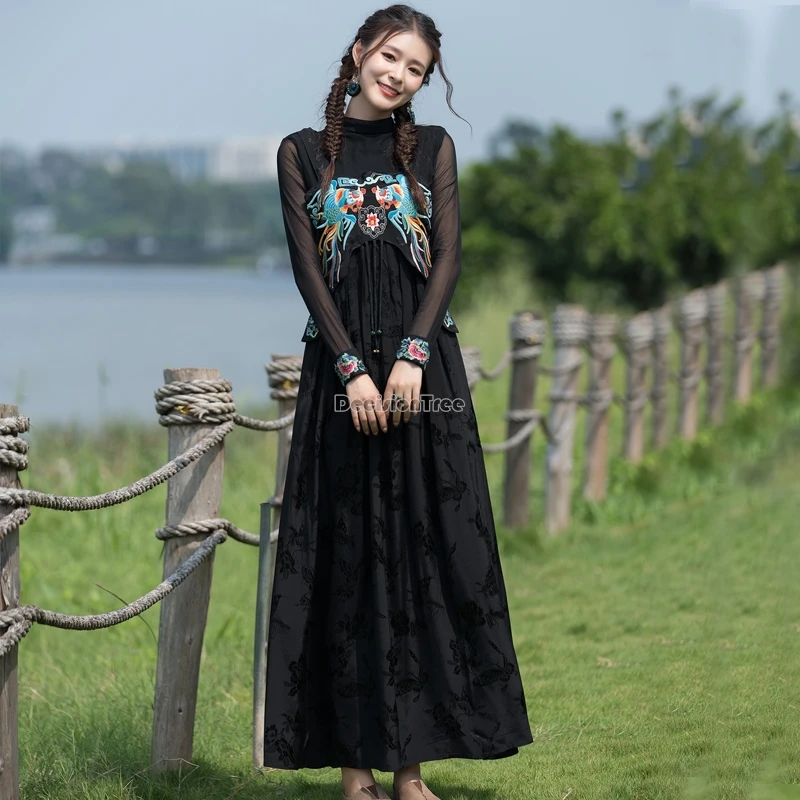 2024 chinese ethnic style women embroidery satin jacquard dress slimming style new casual loose sleeveless suspender dress t001