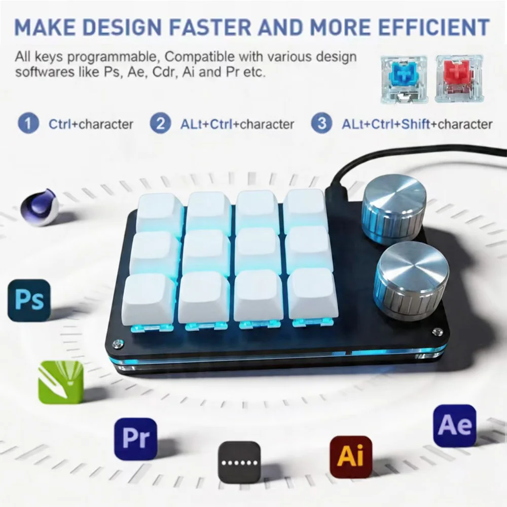 12-Keys Multi-Functional Editing Keyboard, 6-Layer Macro Recording, Full-Key Customization, One-Step Operation for Control