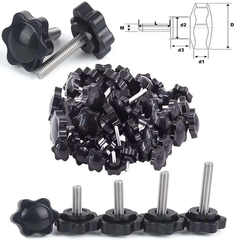 5/10Pcs Plastic Head Thread Star Shape Knurled Thumb Tighten Screw Clamping Grip Knob Screw Wood Plum Bolt  M5,M6,M8