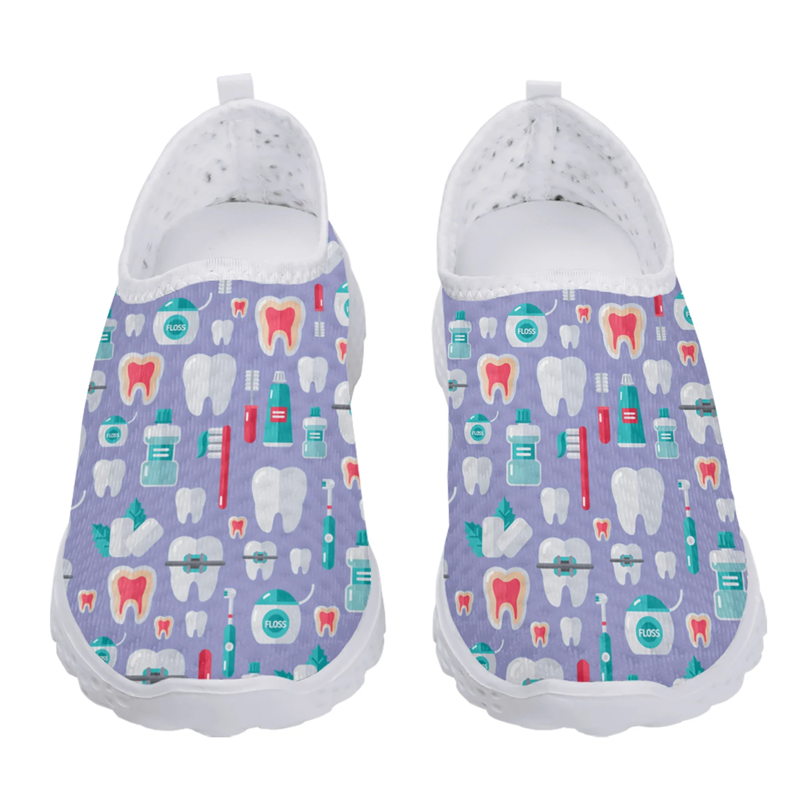 Trendy Medical Nurse Shoes Dental Flat Shoes Ladies Cartoon Teeth Print Lightweight Soft-soled Indoor Sneakers