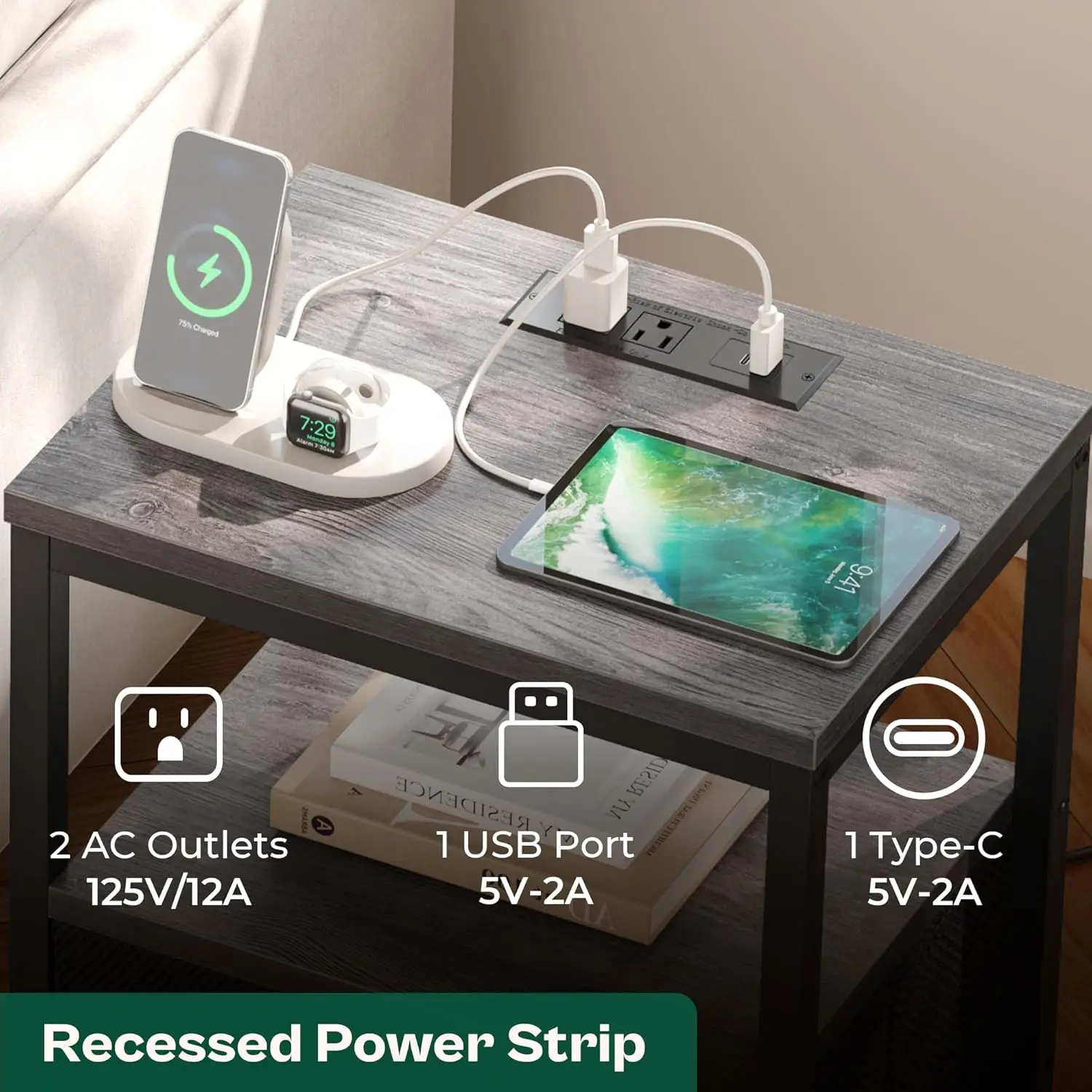 

Huuger Nightstand With Charging Station, Side Table With Fabric Drawers, End Table With Open Shelf, Bedside Table With Usb