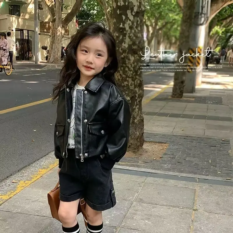 

New 2025 Black PU Leather Zipper Jacket for Girls Boys Kids Baby Spring Autumn Cool Coat Children's Clothing Overcoats