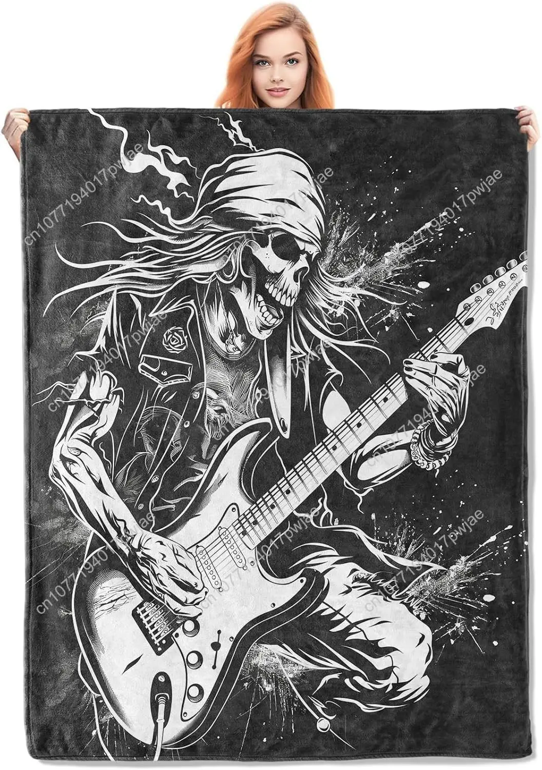 

Rock Guitar Skeleton Throw Blanket Gifts Soft Cozy Fleece Blanket with Edgy Skull Guitarist Print Blanket Couch Custom blankets