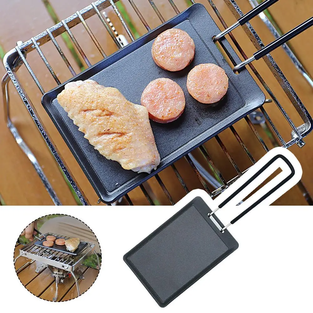 Camping Frying Pan Outdoor Rectangular Non Stick Barbecue Plate Small Iron Plate BBQ Meat Plate Camping Portable Frying Plate