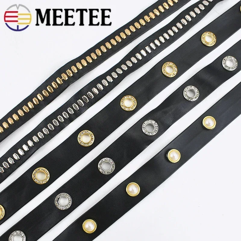 2/5/10Meters Meetee Rivet PU Leather Ribbons Punk Eyelets Band Rope DIY Bracelet Sewing Clothing Bags Strap Material Accessories