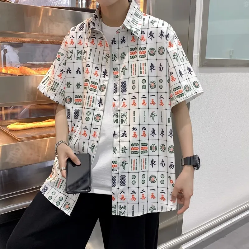 

Casual Summer Short Sleeve Shirt 2025 Trendy Brand Mahjong Print Loose Couple Shirt Youth Popular Style Flat Processing