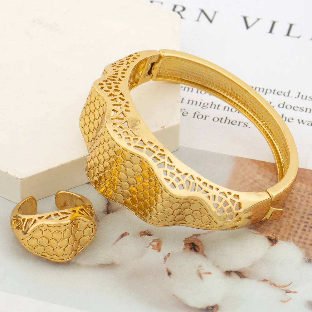 

Luxury Bangle with Ring Set for Party 18k Gold Color Hand Bracelet Finger Ring Weddings Bridal Jewelry Brazilian Accessories