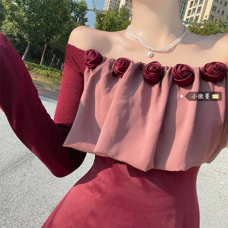 

French Vintage Women Dress 2022 New 3D Flower Chiffon Slash Neck Solid Full Pullover Dress Elegant Mori Girl Euro-America Style