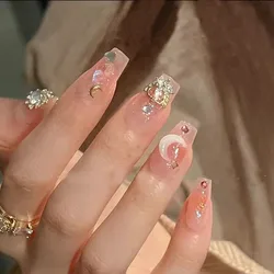 24pcs False Nail Wearable Sailor Moon Broken Diamon Moon Glitter Powder Ballet Fingernails Finished  Reusable Nail Patch