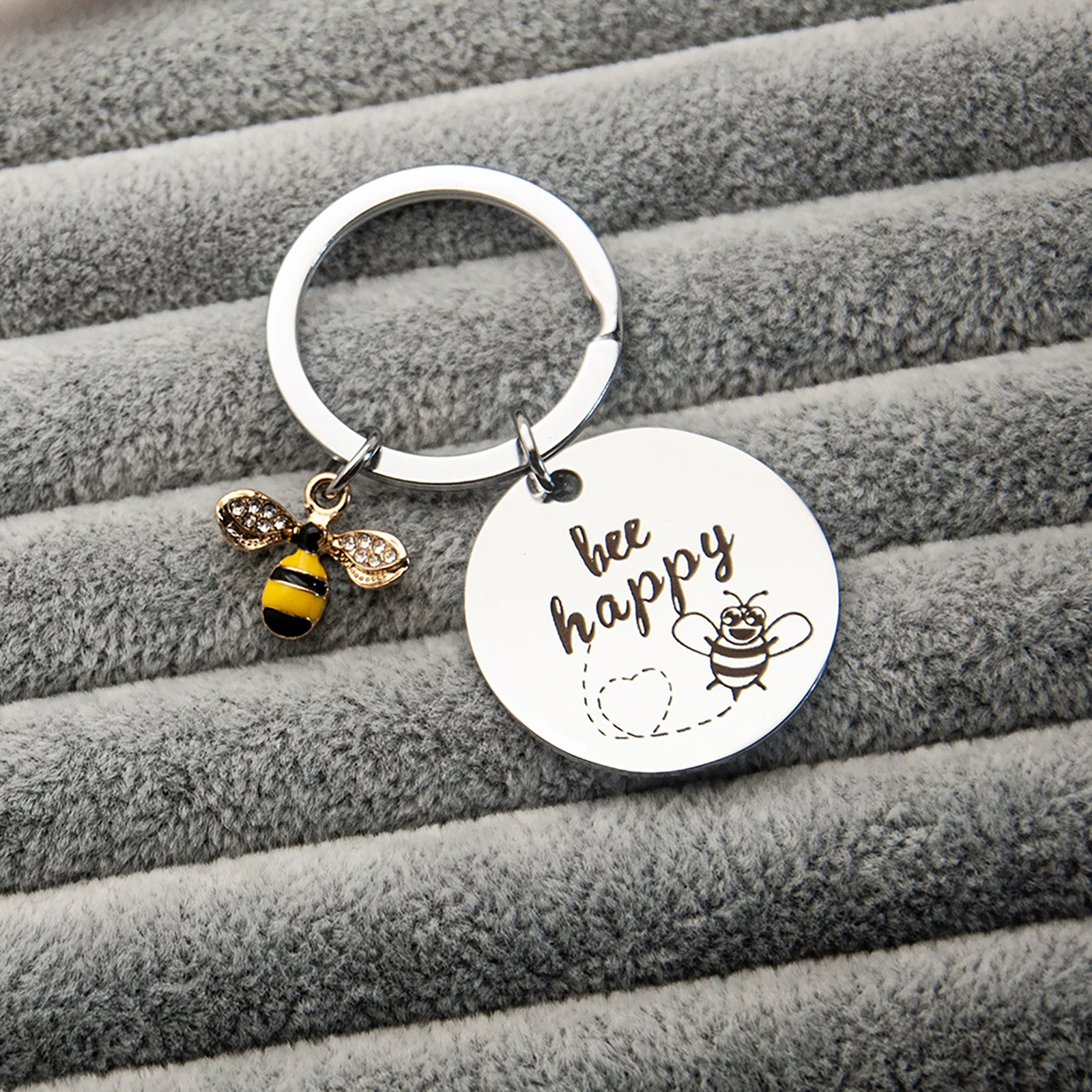 Cute Bee Happy Key Ring Chain Stainless Steel Bumble Bee Charm Decorations Funny Humor Gift for Friend Family