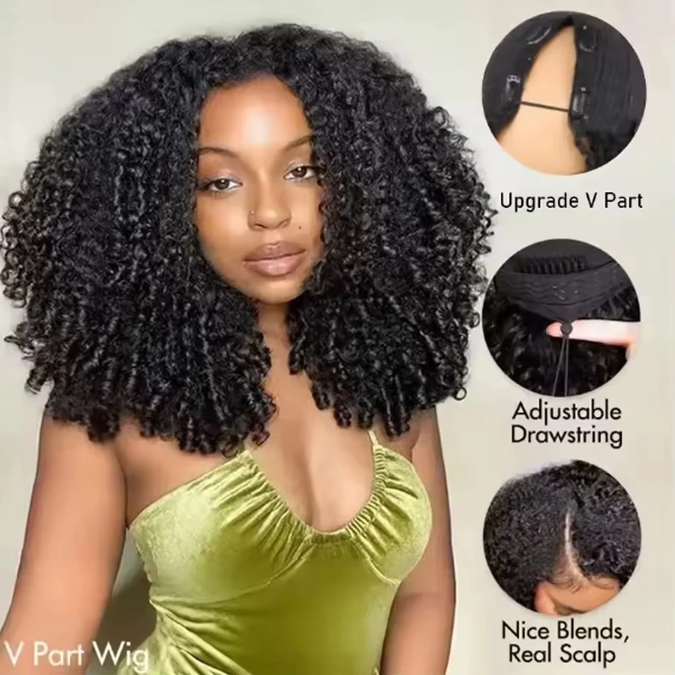 

Burmese Curly Upgrade Drawstring V Part Wig Human Hair Deep Wave V Part Wig For Women Full Machine Made Wig200 Density Cheap Wig