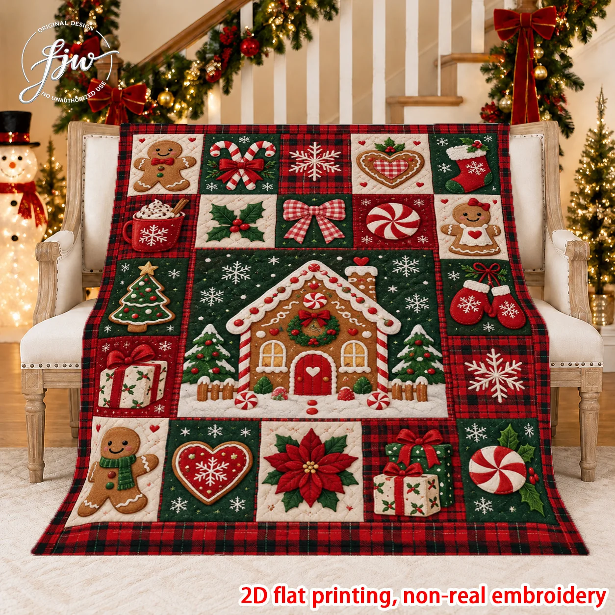 1pc 2D Flat Vintage Christmas Gingerbread Blanket, Candy Cane & Holly Print, Ultra Cozy Throw for Bed, Sofa, Chair & Office