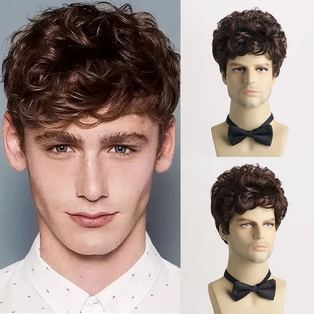 10 Inch Synthetic Hair Short Curly Brown Wig For Men Layered Heat Resistant Wigs With Bangs For Daily Use Halloween Christmas