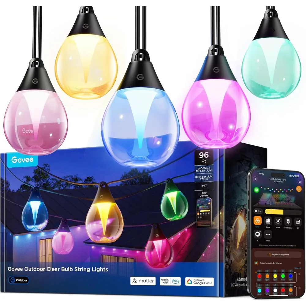 

Гирлянда для улицы с RGB-подсветкой, 96 футов, 30 лампочек, 111 режимов, IP67, водонепроницаемая, ударопрочная, совместима с голосовым управлением