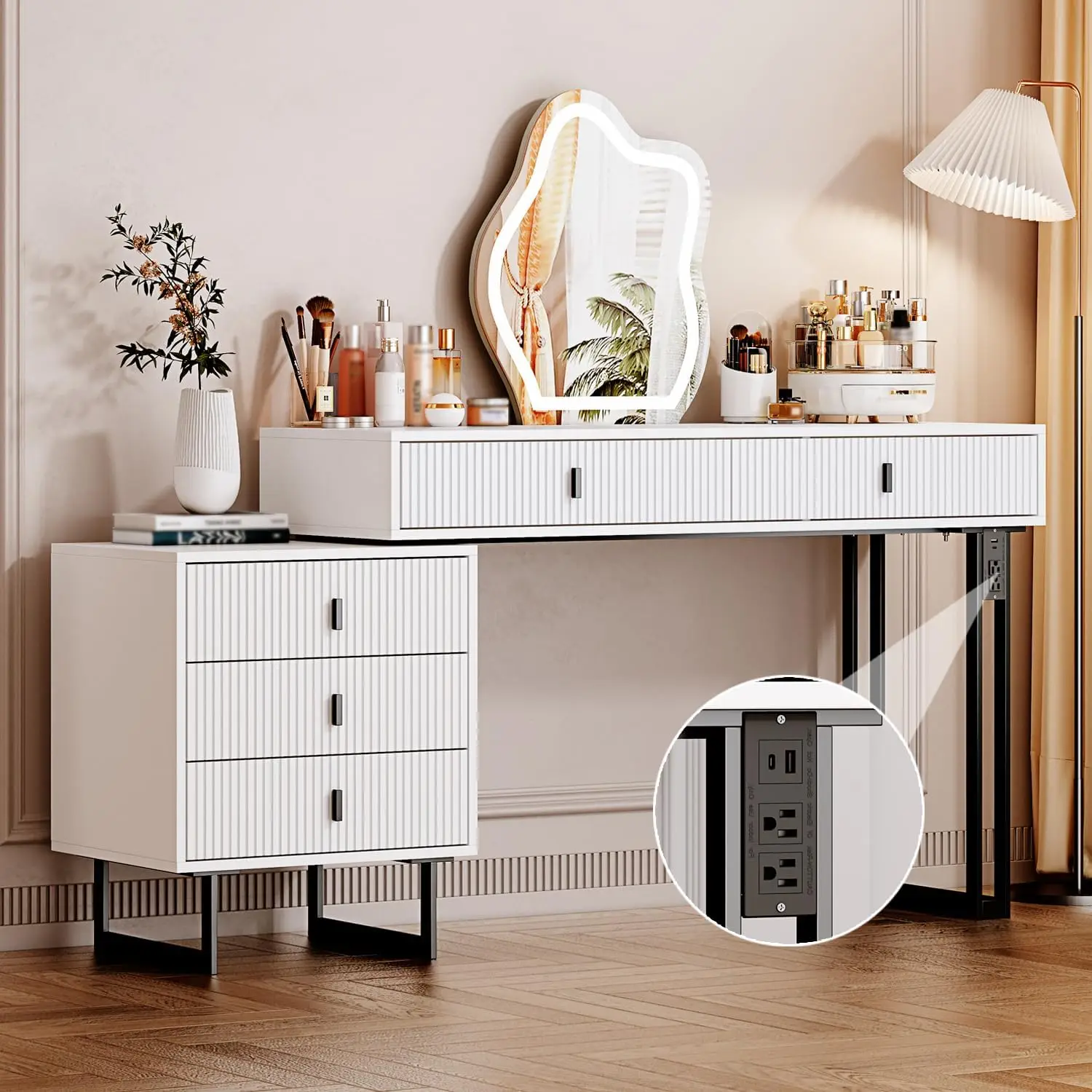 White With Plug,Large Vanity Desk With 3 Color Touch Screen Dimming Mirror, Modern Retractable Makeup Dressing Table With