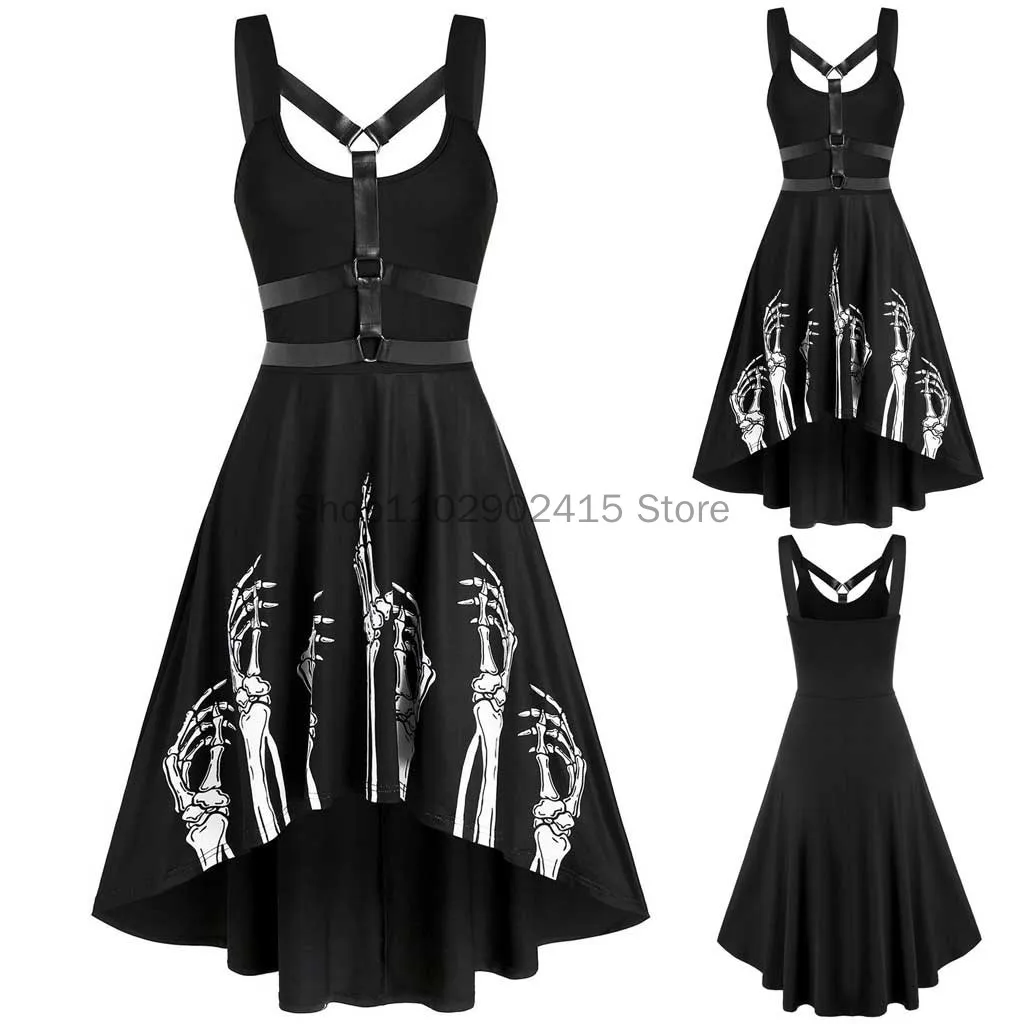 

Ghost Claw Print Black Dress Women Gothic Punk Spaghetti Strap Backless Off Shoulder Dresses Female Insert Party Dress Vestidos