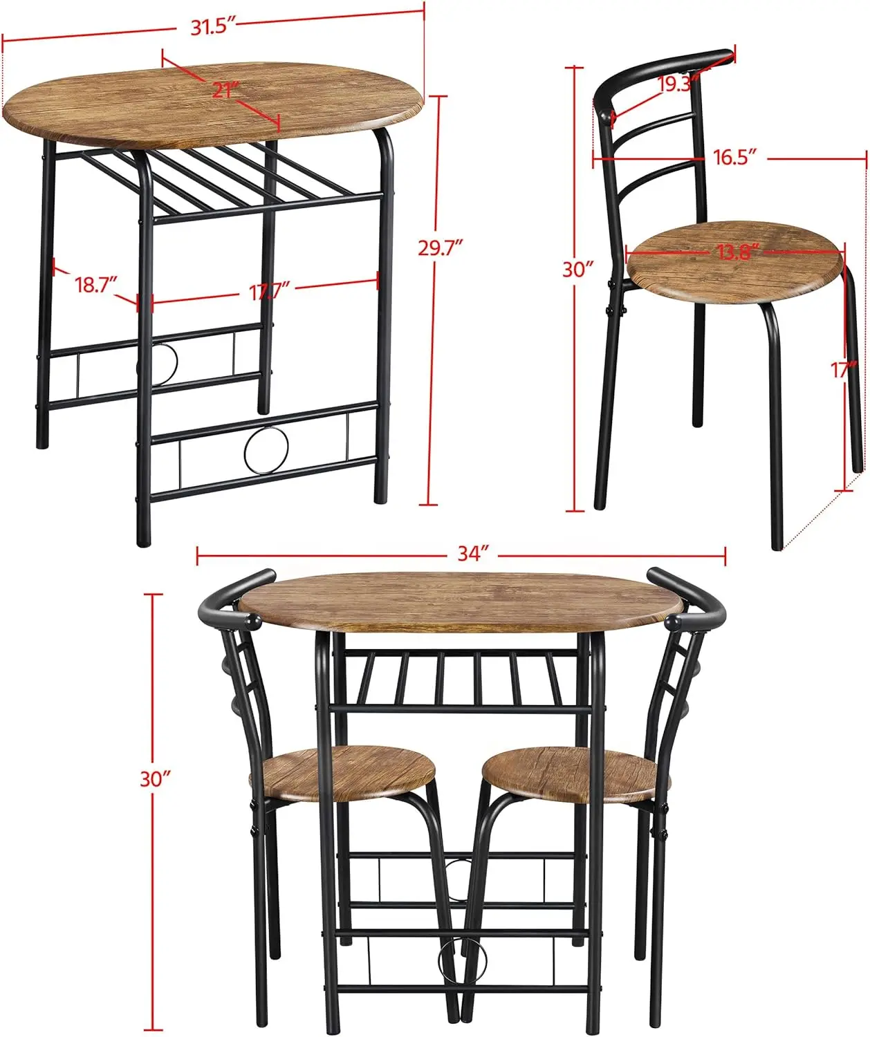 

3-Piece Dining Set, Breakfast Bistro Set for 2, Small Kitchen and Chairs with Metal Frame and Rack for Small Space/Apartmen