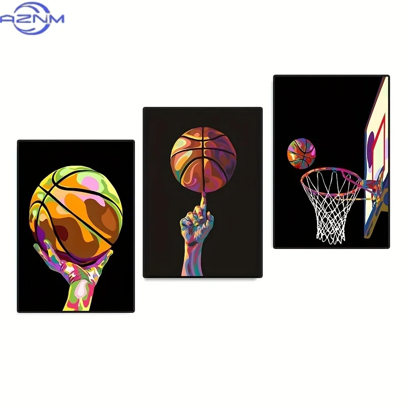 3pcs Art Deco Style Basketball Canvas Prints, 30x40cm Frameless Portrait Wall Art, Modern Colorful Sports Decor for Living Room