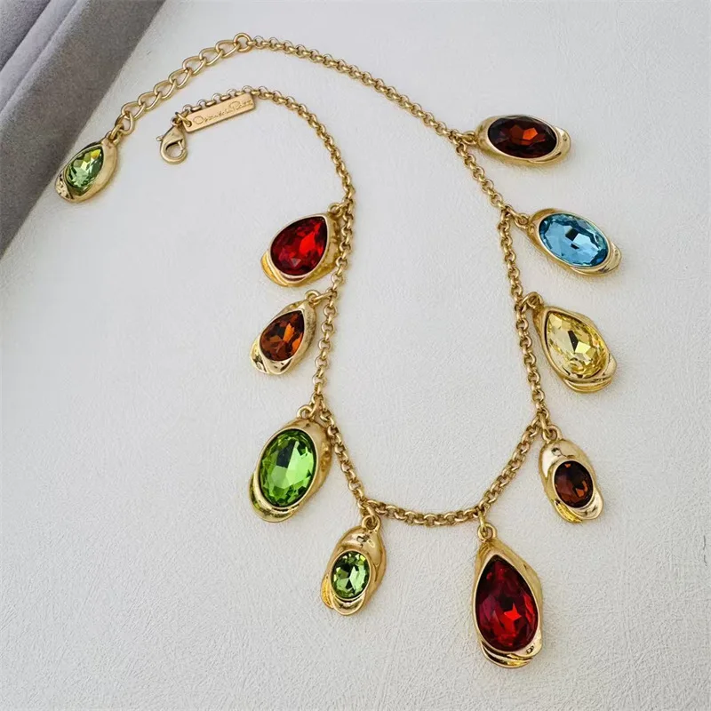 Multi-color Teardrop Glass Crystal Choker Necklace, Vintage Mixed Red Green Blue Yellow Gem Charms, Party Jewelry Gift for Women