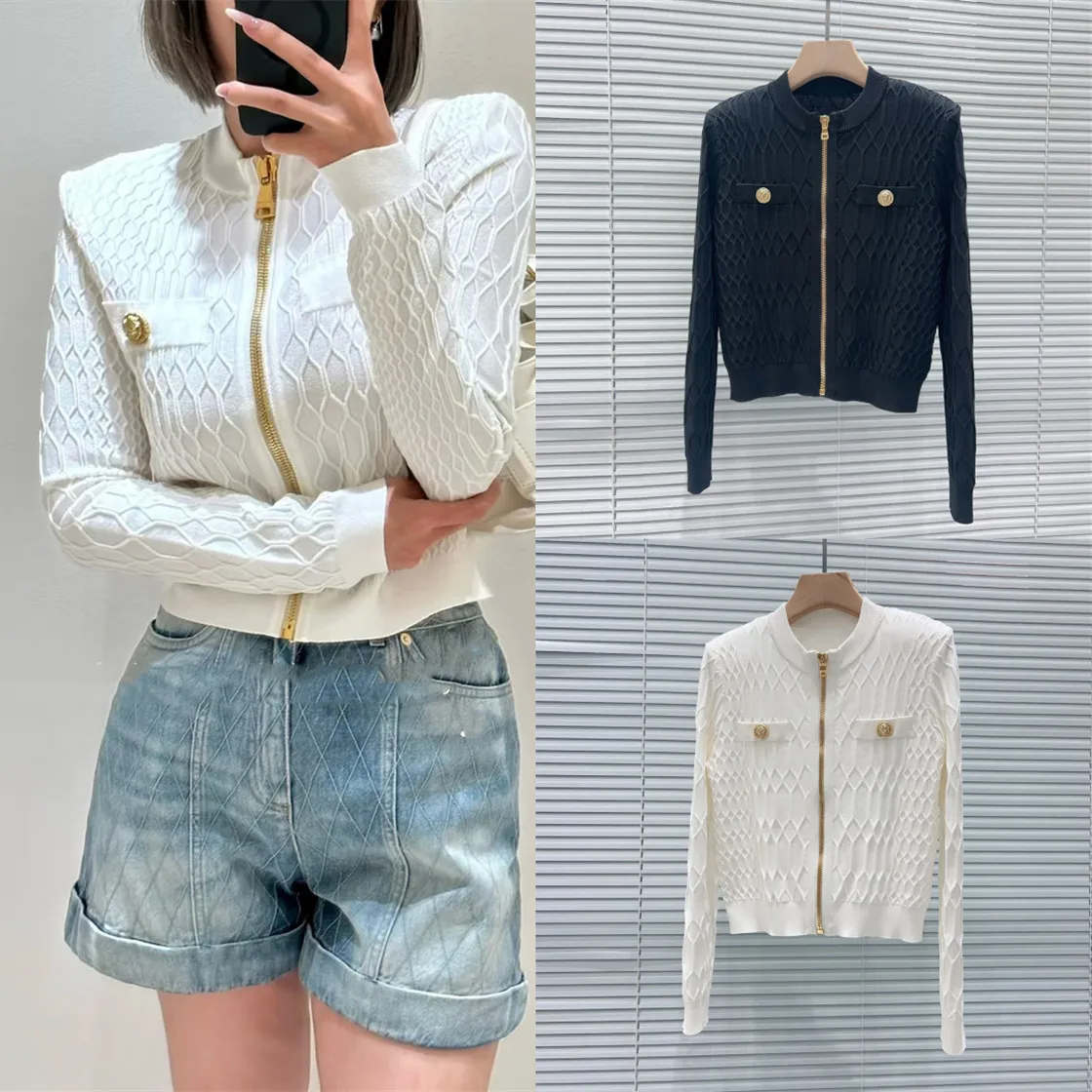 ハイエンドバージョン パリ風ラグジュアリー 幾何学模様 ゴールドブルー ジッパー付き ニット ラウンドネック オープンカーディガン レディース ファッション アウターウェア