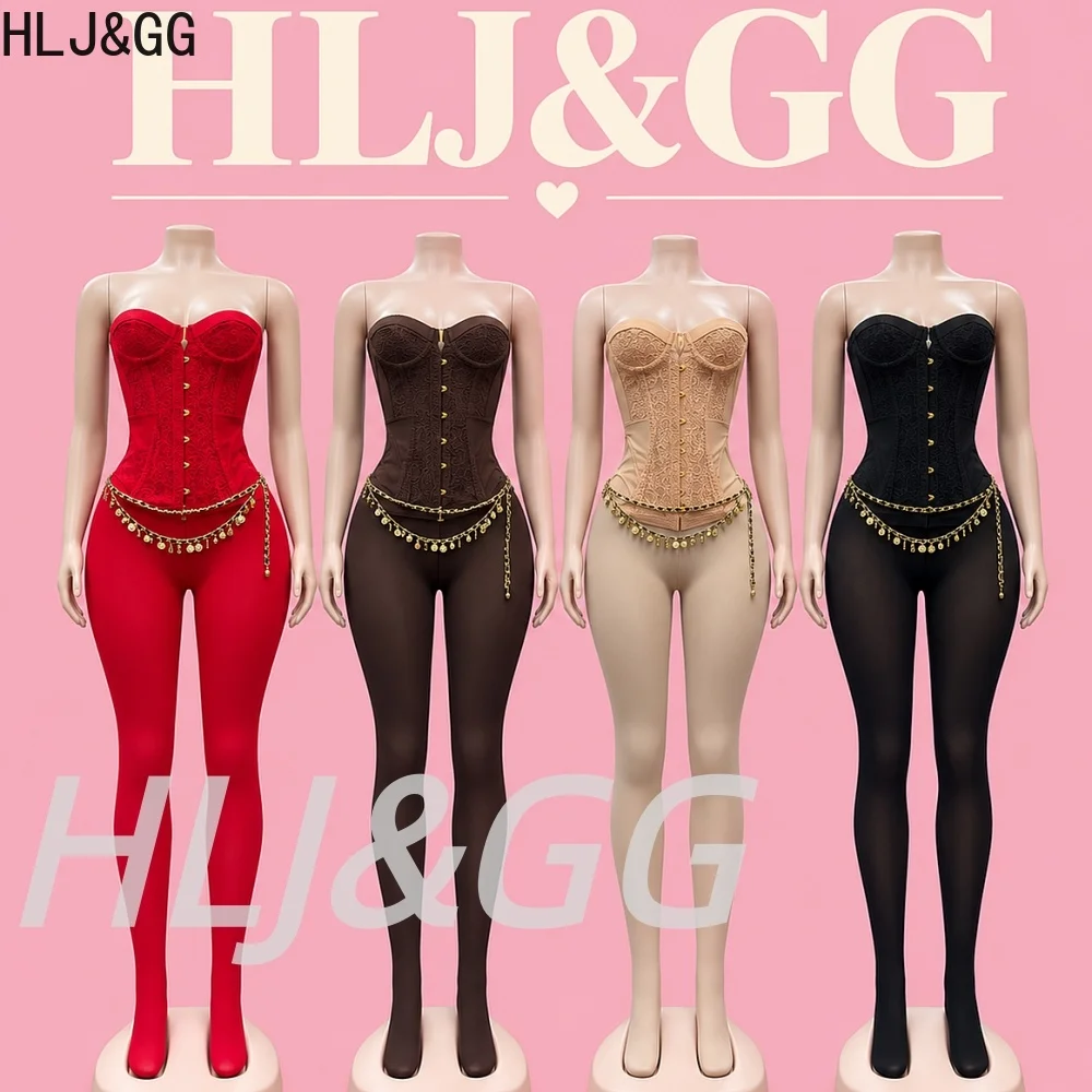 HLJ&GG High Waist Fashion Body Shaping 2Pcs Corset Set Women Lace Slim Tube And Leggings Socks Sexy Slim Casual Street Clubwear