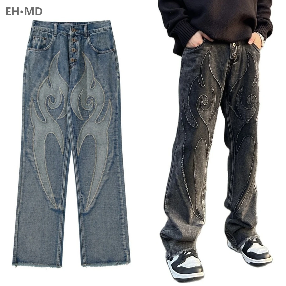 High Street American Jeans Men\'s Splice Patch Embroidery Wash Long Pants Loose Straight Sleeve Ragged Edge High Elastic Flame 24