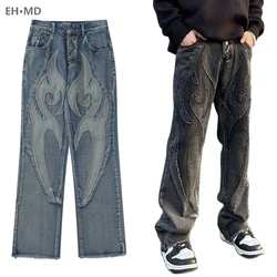 High Street American Jeans Men's Splice Patch Embroidery Wash Long Pants Loose Straight Sleeve Ragged Edge High Elastic Flame 24