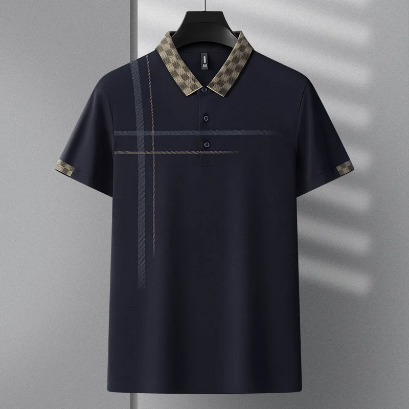 Light luxury high-quality plaid polo shirt Men\'s short-sleeved 2023 summer new fashion printing T-shirt casual Paul shirt Men\'s