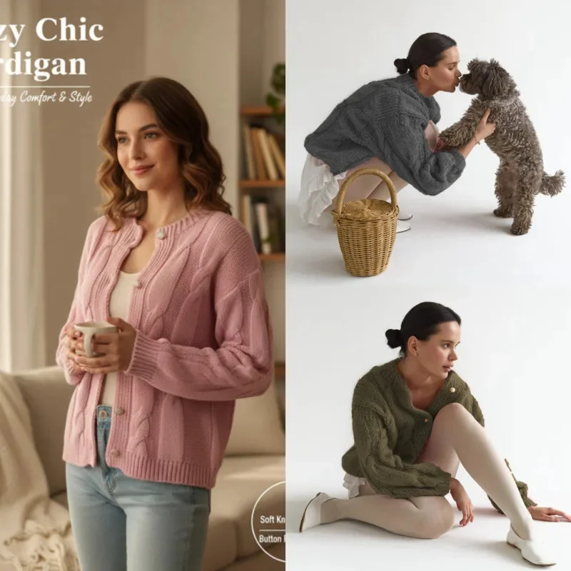 Knit Sweater Cardigan Women Autumn Chic Elegant Gold Button Loose Solid Color Tops Open Front Outerwear Thick O-Neck Coat New