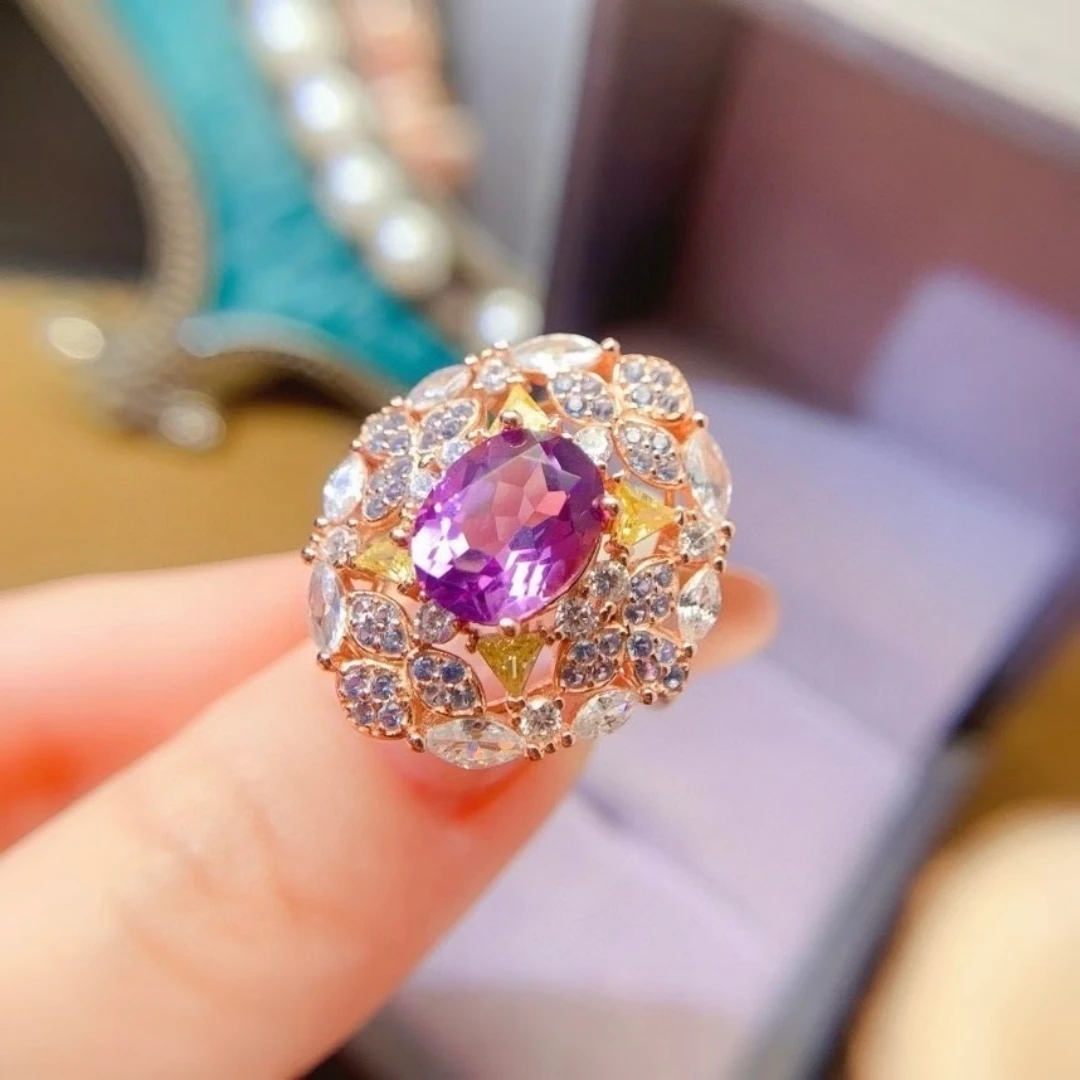 

KJJEAXCMY High End Women's Ring Natural Amethyst S925 Silver with Electroplating Boasting High Clarity Full Brilliance Gift