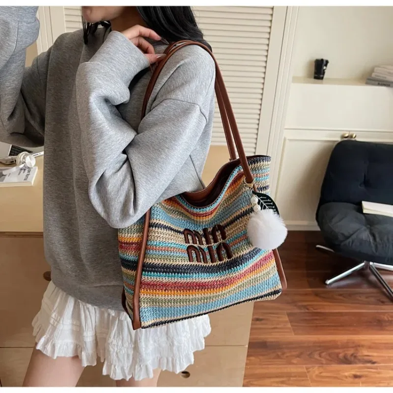 

Летняя плетеная сумка-тоут «Радуга» для женщин, модная вместительная повседневная универсальная сумка для отпуска, на плечо и подмышку