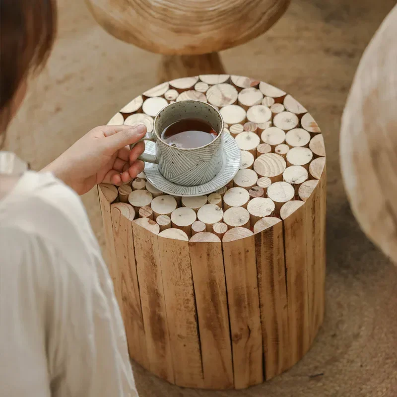 

Retro Splicing Solid Wood Small Round Stool Japanese Style Home Decoration Living Room Courtyard Small Stool