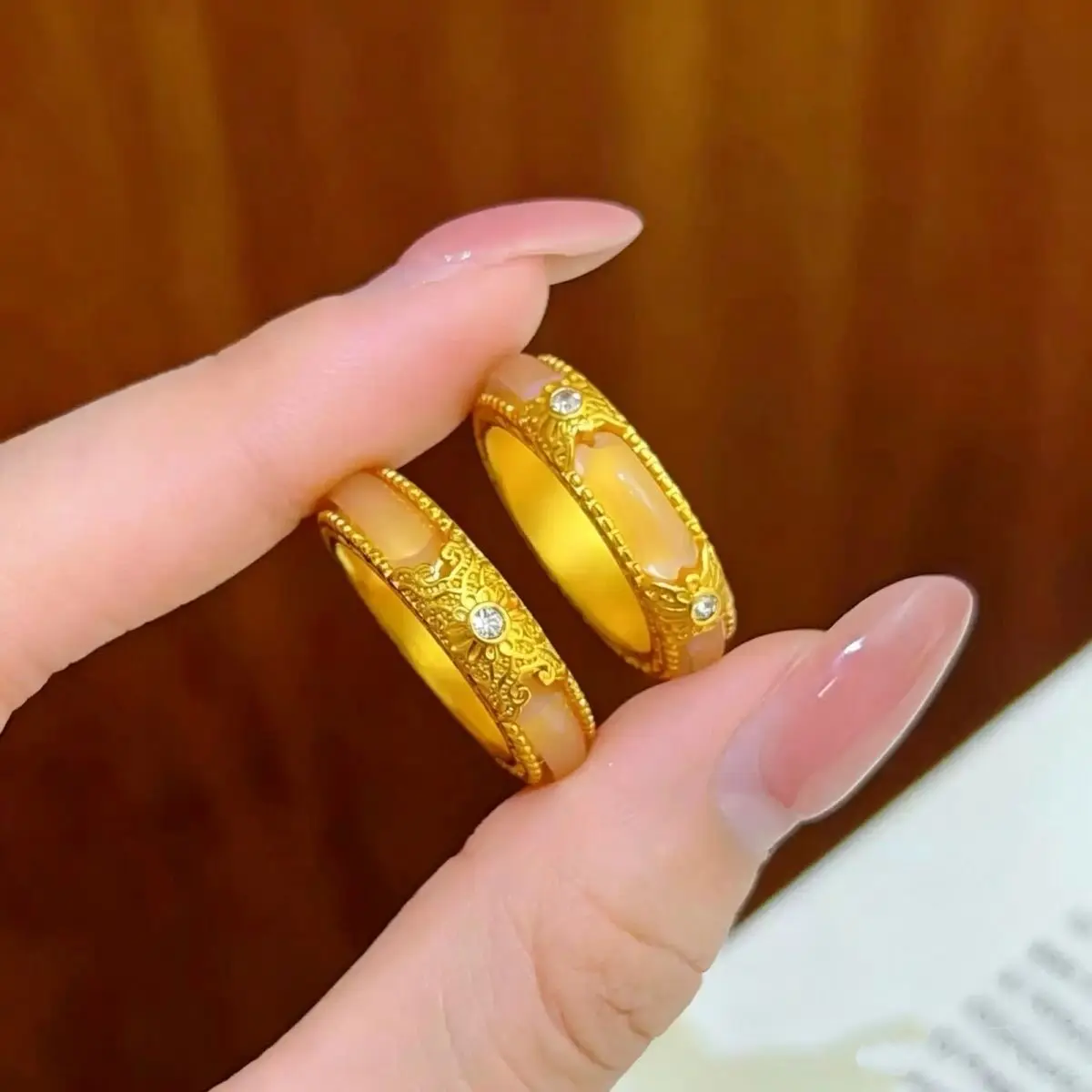 Casual Versatile Diamond Set Golden Jade Good Fate Closed Ring For Women 24K Gold AU999, Daily Wear Women Ring