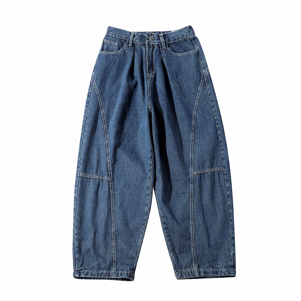 

Japanese retro wide-leg jeans men's trendy brand vintage old washed elastic waist loose bloomers trousers