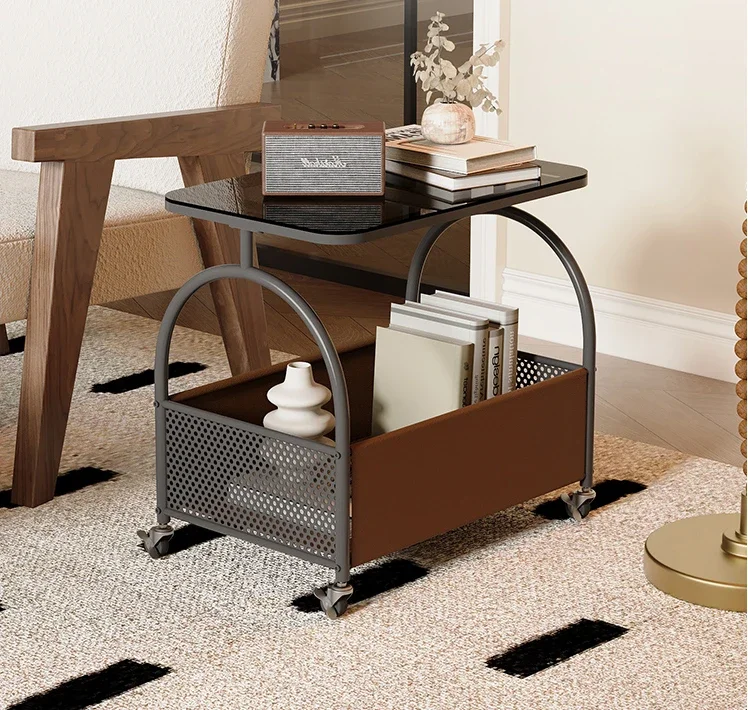 

Movable Living Room Sofa Storage Glass Side Table Antique Style Small Coffee Table with Wheels Trolley