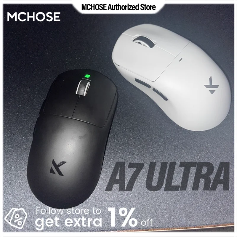 

MCHOSE A7 Ultra Black Gaming Mouse TOPSPEED Wireless 8000 Гц Обновление скорости опрокидывания до 20000 кадров в секунду Регулируемый 42000 точек на дюйм PAW3950 Senosr